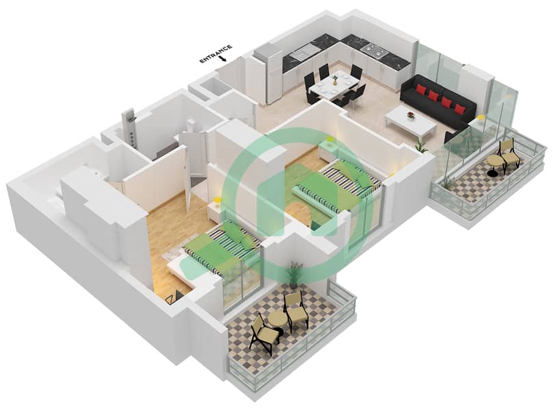 Zahra Apartments 1B - Plan d’étage de 2 chambres Appartement Unité 3,16 FLOOR 2-5 interactive3D