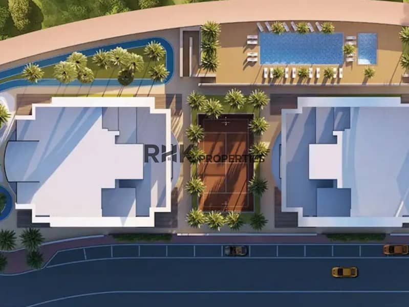 11 Red Square Dubai aerial site plan showing twin towers, tennis court, swimming pool and landscaped podium