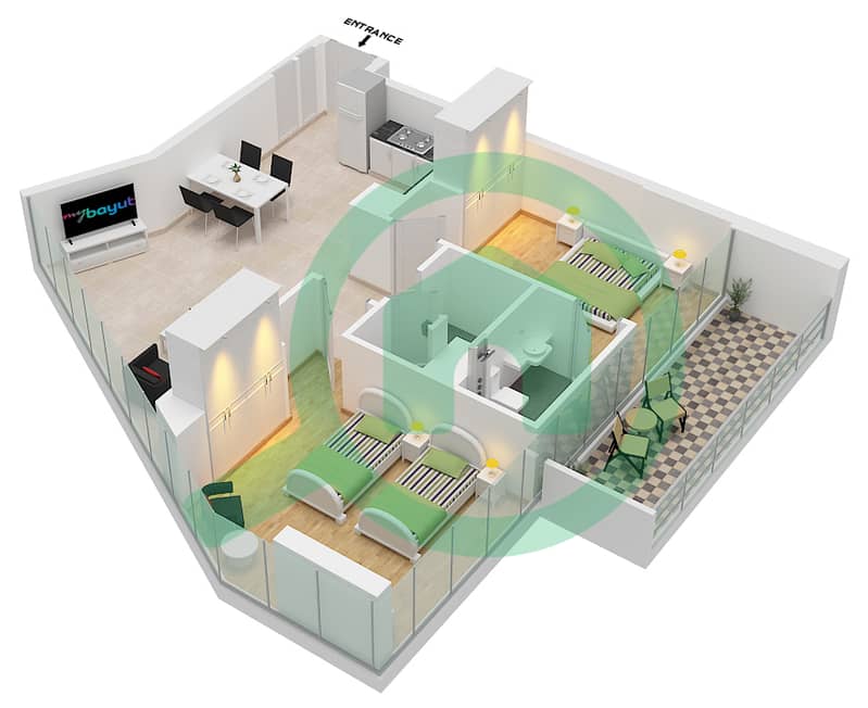 Дива - Апартамент 2 Cпальни планировка Тип 9 interactive3D