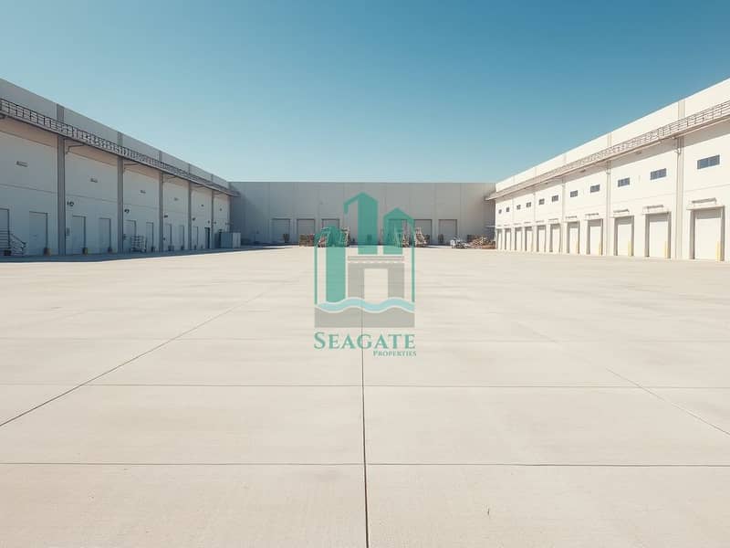2 An_empty_industrial_plot_showcasing_a_vast_open_area_with_smooth_concrete_flooring_devoid_of_any_machinery_or_equipment. _The_scene_features_large_unfurnished_warehouses_in_the_background_with_clean_modern_architectur. jpeg