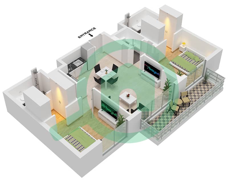 المخططات الطابقية لتصميم النموذج A3 شقة 2 غرفة نوم - أيالا أون ذا بارك interactive3D