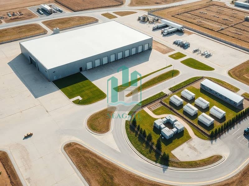 A_realistic_wide_angle_aerial_exterior_view_of_a_complete_industrial_logistics_compound_similar_architectural_style_and_lighting_to_the_reference_one_large_rectangular_warehouse_building_with_light_gray_metal_siding_. jpeg A_realistic_wide_angle_aerial_exterior_view_of_a_complete_industrial_logistics_compound_similar_architectural_style_and_lighting_to_the_reference_one_large_rectangular_warehouse_building_with_light_gray_metal_siding_. jpeg