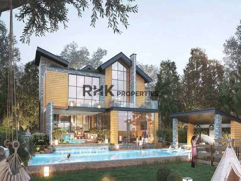2 Villa backyard with private pool, horse paddock and firepit teepees, DAMAC family villas Dubai