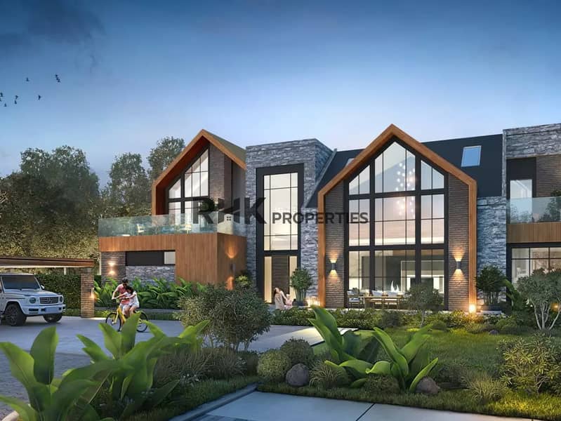 3 Villa garden with private pool, stables and outdoor cinema at sunset, DAMAC equestrian villas Dubai