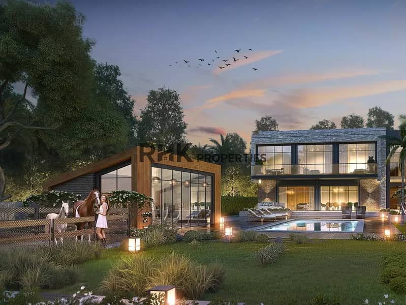 4 Twin-gable luxury villa with covered carport and landscaped garden at dusk, DAMAC villas Dubai
