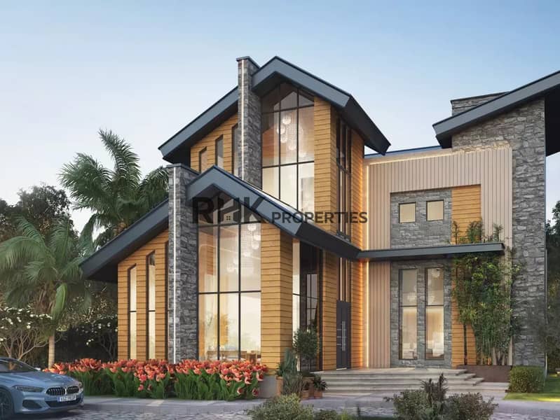 5 Luxury chalet-style villa exterior with stone and timber facade, off-plan DAMAC villas in Dubai