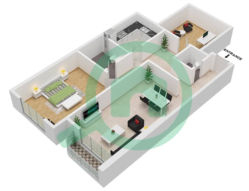 Azha Views Residences - Planimetria del piano di 1 Camera Appartamento Unità 03 interactive3D