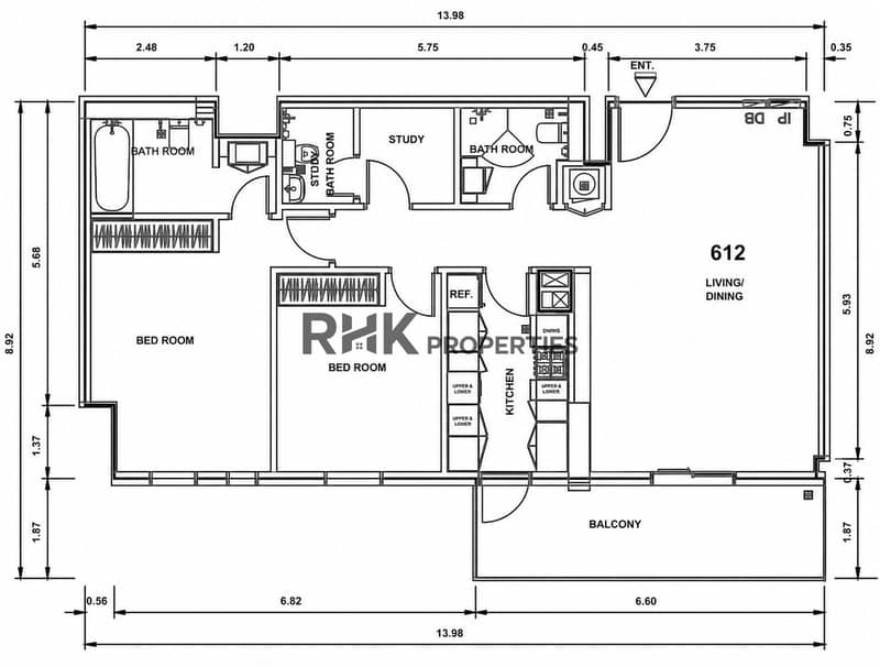 10 Noor 5 two-bedroom apartment floor plan with study, balcony and open living area