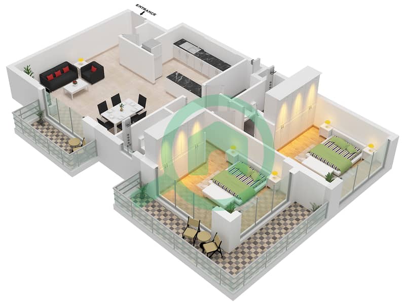 Sunbliss Residences - 2 Bedroom Apartment Type C Floor plan interactive3D