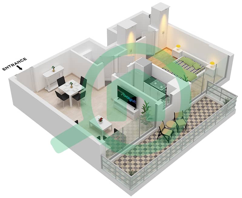 Symbolic Alpha - Grundriss für 1 Schlafzimmer Wohnung Typ A interactive3D