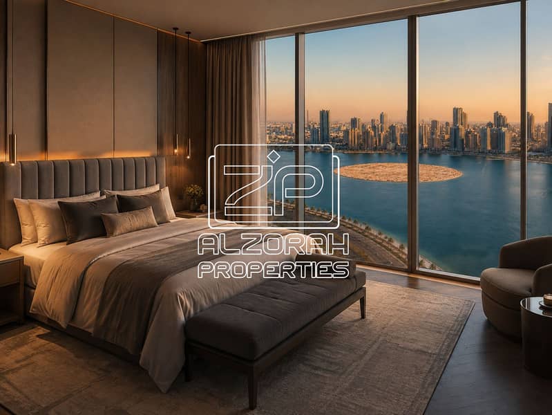 4 Golden-hour bedroom overlooking Al Khan Lagoon. png