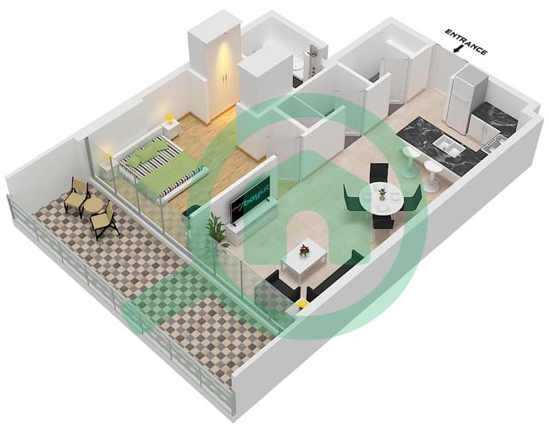 Havencia - Grundriss für 1 Schlafzimmer Wohnung Typ/Einheit 1 / UNIT 1 FLOOR 2 interactive3D