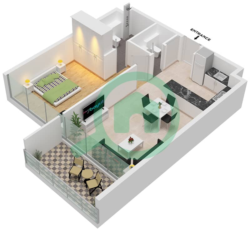 Vida Residence Aljada - 1 Bedroom Apartment Type A-1 Floor plan interactive3D