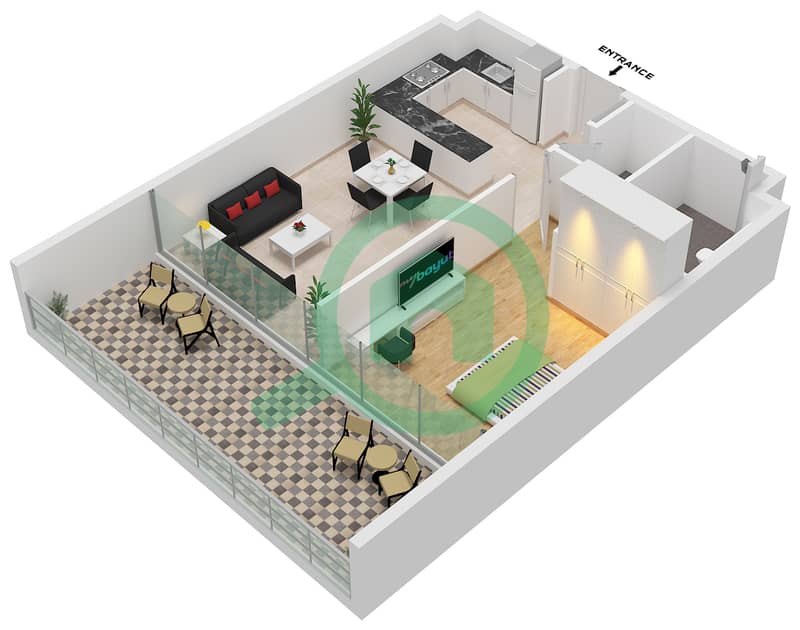 Vida Residence Aljada - 1 Bedroom Apartment Type C Floor plan interactive3D