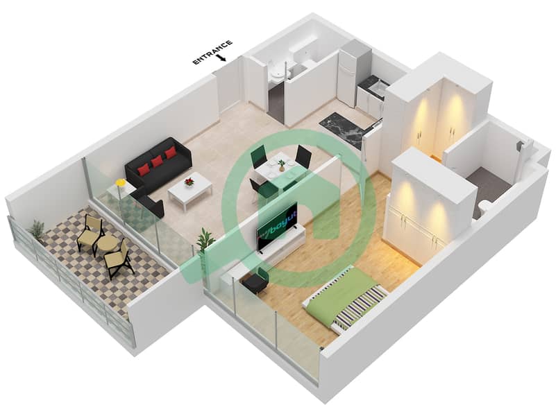 Vida Residence Aljada - 1 Bedroom Apartment Type D Floor plan interactive3D