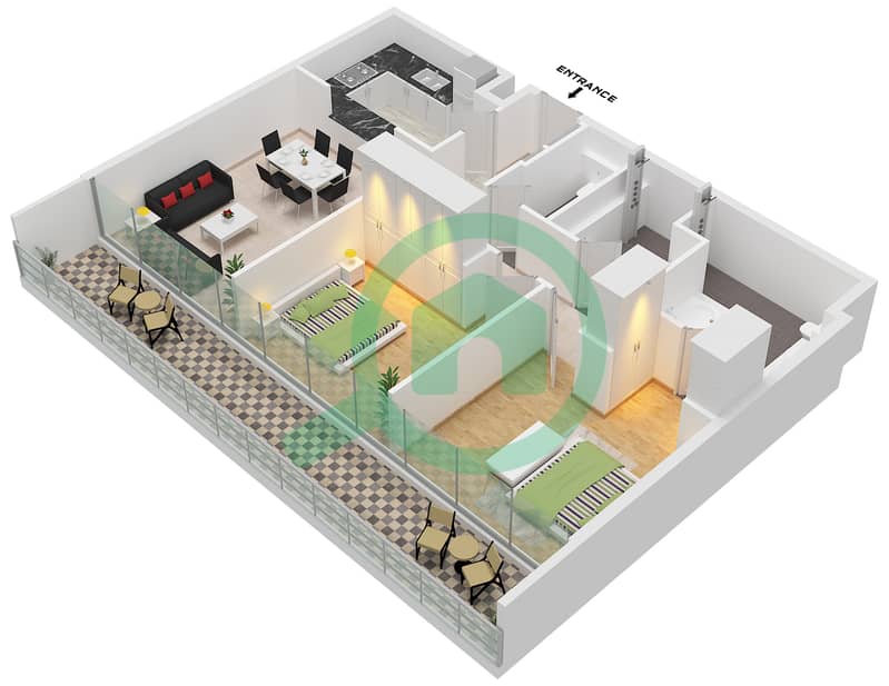 Vida Residence Aljada - 2 Bedroom Apartment Type E-1 Floor plan interactive3D