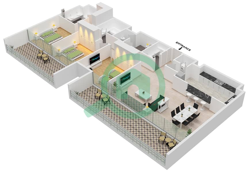 Vida Residence Aljada - 3 Bedroom Apartment Type A Floor plan interactive3D