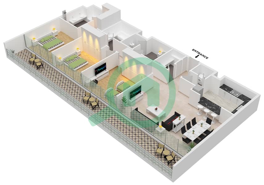 Vida Residence Aljada - 3 Bedroom Apartment Type B Floor plan interactive3D