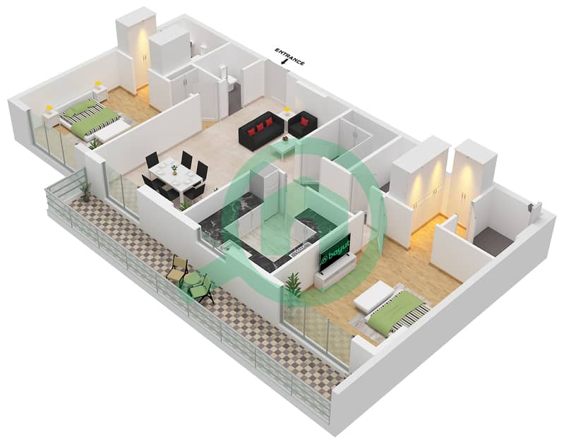 Sunbliss Residences - 2 Bedroom Apartment Type B Floor plan interactive3D