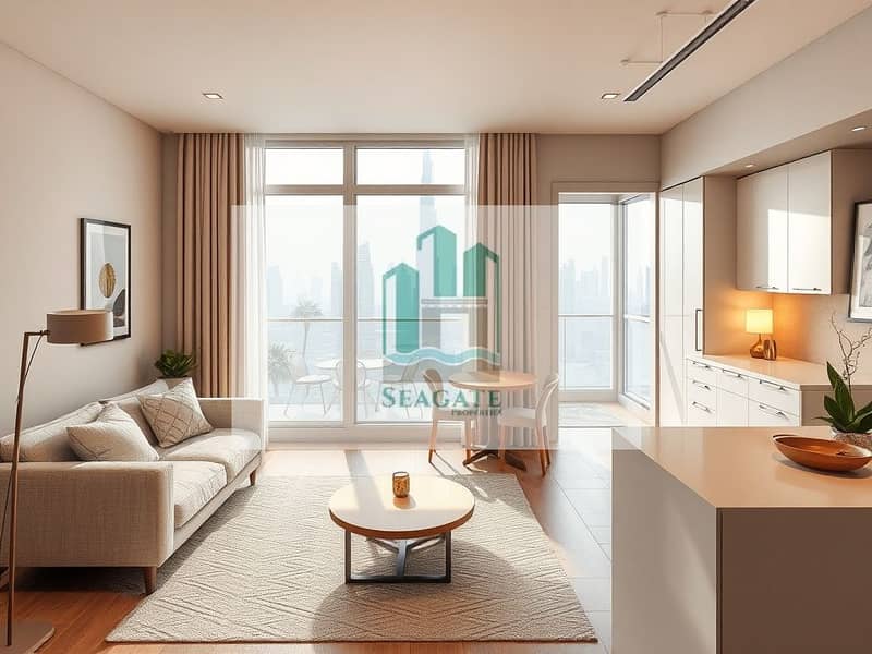 4 Photorealistic_interior_photograph_of_a_modern_1_bedroom_apartment_in_the_UAE_Dubai_with_warm_natural_light. _Open_plan_layout_showing_living_room_dining_area_and_visible_kitchen. _Living_room_neutral_palette_with_beig. jpeg