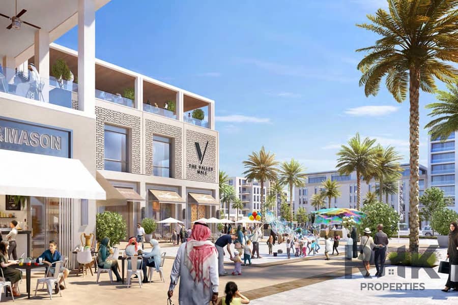 11 The Valley Mason retail promenade with cafes and shops at Emaar Dubai community