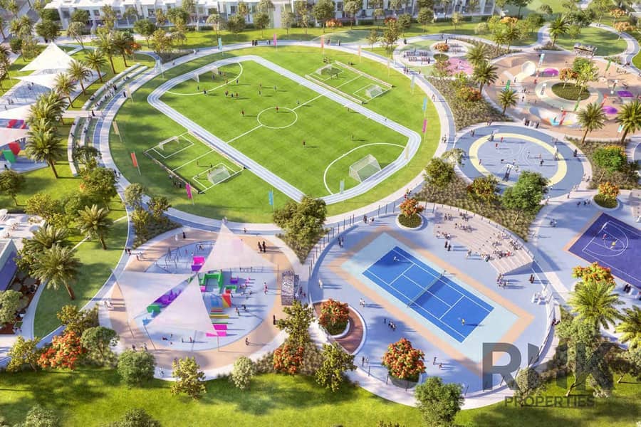 13 Sports village with football pitch tennis and basketball courts at The Valley Dubai