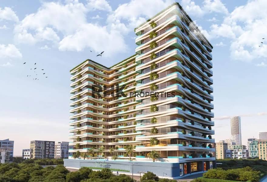 5 Modern residential tower with curved balconies and vertical gardens in Dubai — biophilic design apartment building exterior
