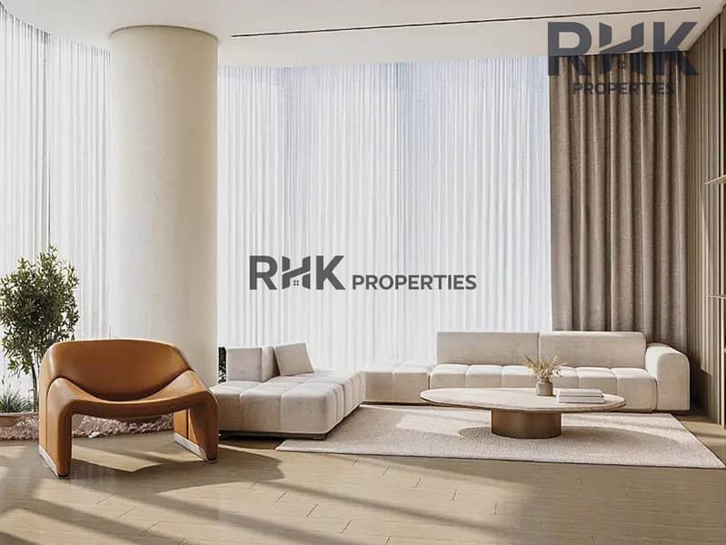 2 Luxurious high-floor studio living room with floor-to-ceiling windows and modern furniture in Dubai