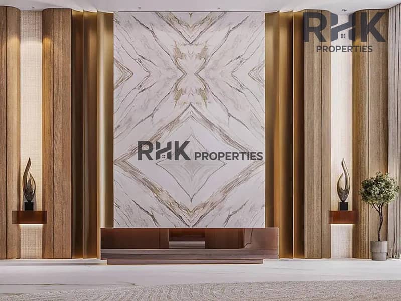 12 Luxury lobby feature wall with marble and wood paneling in Dubai tower