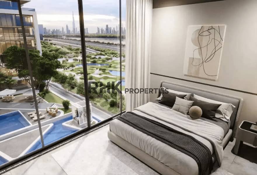 4 Sobha One bedroom with Burj Khalifa skyline view and pool deck below Dubai