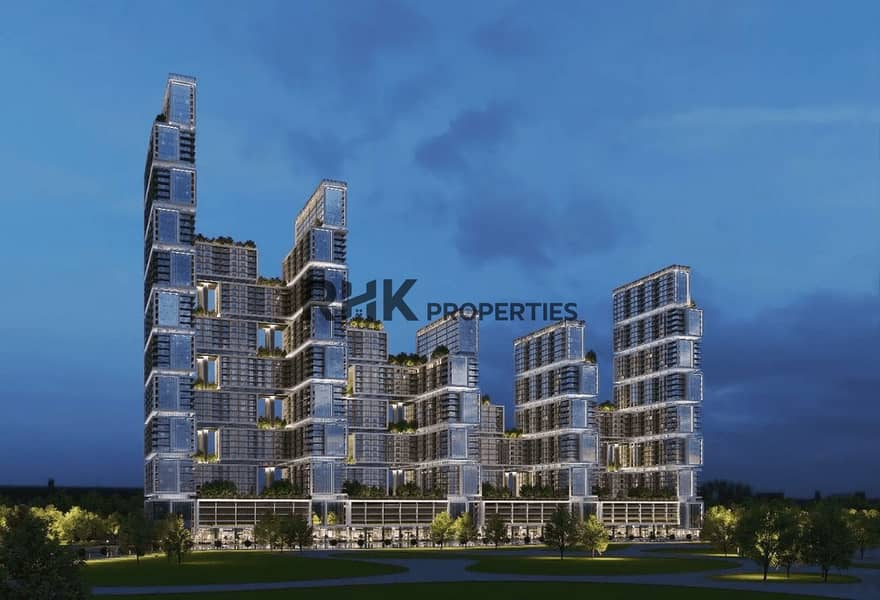 9 Sobha One illuminated towers at night in Sobha Hartland Dubai off-plan project