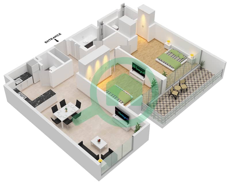 Azizi Central - 2 Bedroom Apartment Type 2 FLOOR 1-9 Floor plan interactive3D