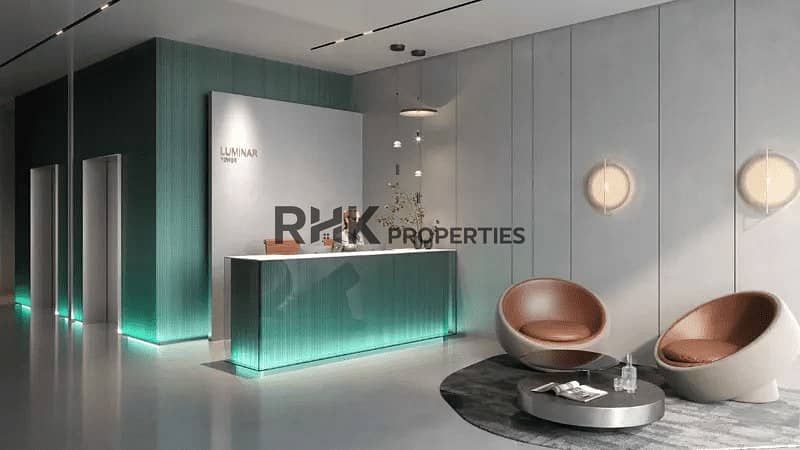 8 Luminar Tower Dubai lobby reception with concierge desk and modern lounge seating