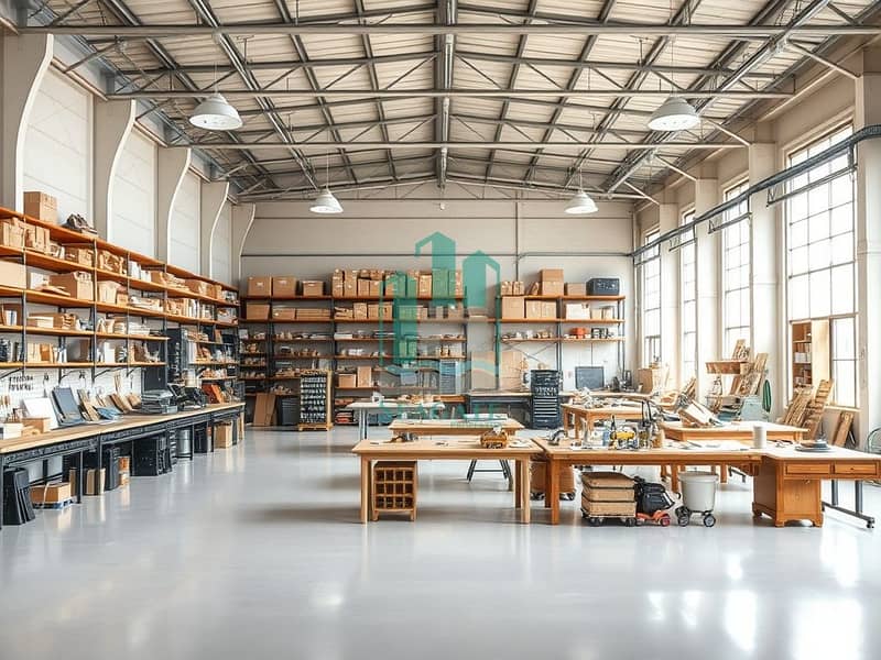 2 A_spacious_warehouse_interior_featuring_a_well_organized_workshop. _The_scene_includes_large_worktables_tools_and_various_materials_for_craft_and_design_projects_laid_out_neatly. _High_ceilings_with_industrial_lighting. jpeg