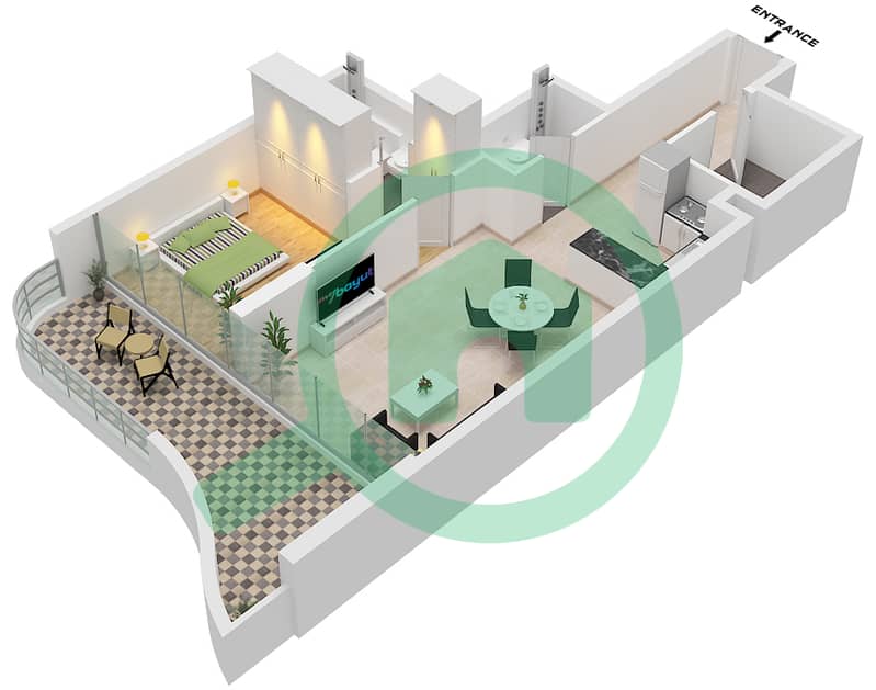 المخططات الطابقية لتصميم الوحدة 03 شقة 1 غرفة نوم - ريم باي فيجن interactive3D