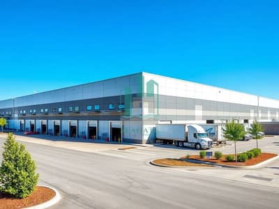 阿治曼工业园区， 阿治曼 仓库待售 - A_full_exterior_view_of_a_modern_warehouse_showcasing_its_large_loading_docks_multiple_truck_entrances_and_a_sleek_facade_made_of_metal_and_glass. _The_building_features_high_ceilings_and_wide_spaces_for_easy_access. _. jpeg