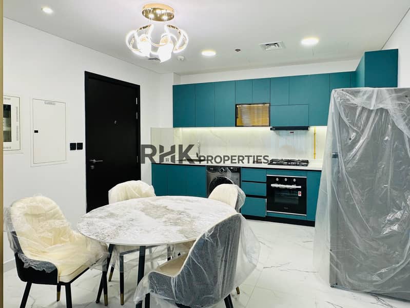 4 Luxury furnished bedroom with gold tufted headboard wall panel, dark wood slat accent wall, designer pendant light, floor-to-ceiling curtains, and marble flooring in Dubai apartment