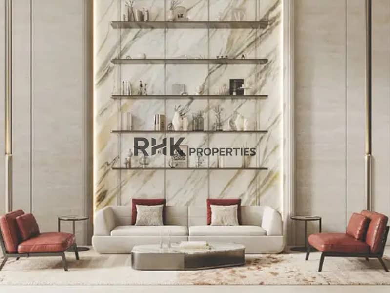 9 Luxury living room with marble feature wall and floating shelves Dubai apartment