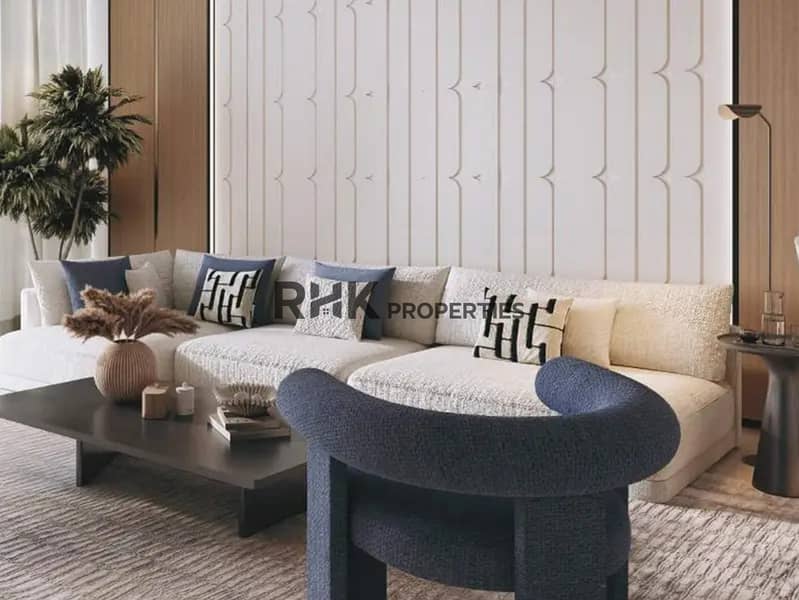 3 Modern apartment living room with textured scallop wall panels and sectional sofa Dubai