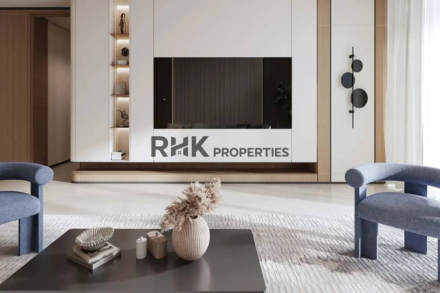 5 Contemporary living room with built-in TV unit oak wood panelling and blue boucle chairs
