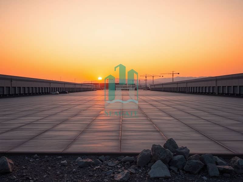 3 A_vast_empty_industrial_plot_at_sunset_showcasing_modern_warehouses. _The_scene_is_devoid_of_any_vehicles_emphasizing_the_openness_of_the_area. _In_the_background_there_are_large_neatly_arranged_loading_docks_and_const. jpeg