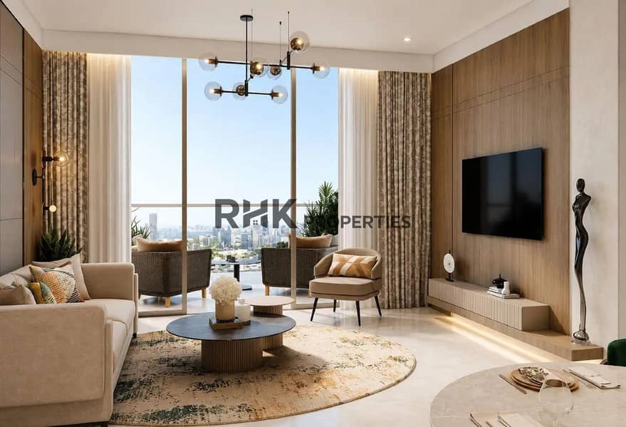 2 Spacious luxury apartment living room with panoramic Dubai city view balcony wooden wall panel and designer chandelier