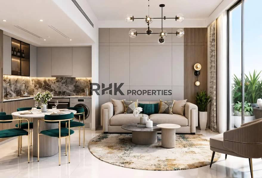 3 Modern open-plan apartment living room and kitchen with marble backsplash green velvet dining chairs Dubai off-plan interior