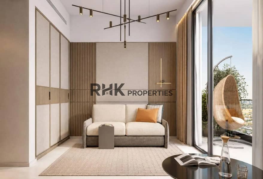 6 Luxury apartment living room with linen sofa wooden wall panels and private balcony hanging rattan chair Dubai
