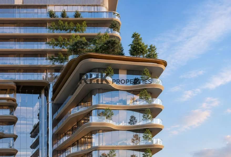 7 Luxury residential tower with curved wave-shaped balconies and lush green trees Dubai off-plan apartment exterior
