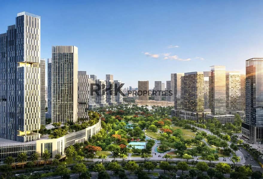10 Dubai mixed-use development master plan with green central park boulevard luxury residential towers and city skyline