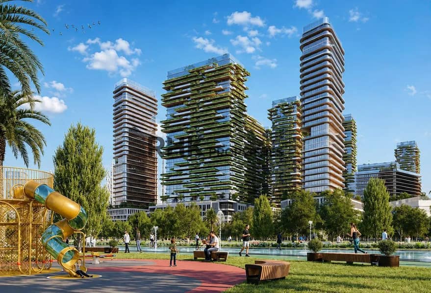 11 Biophilic residential towers with vertical gardens community park playground and waterfront promenade Dubai sustainable development