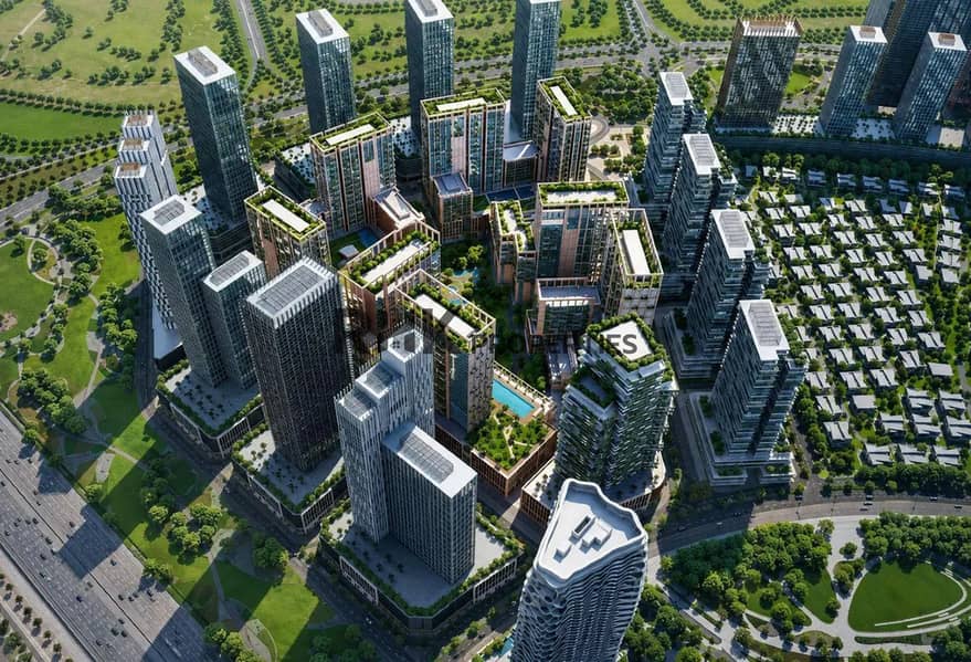 12 Aerial view of Dubai master plan mixed-use development with residential towers green parks and rooftop gardens