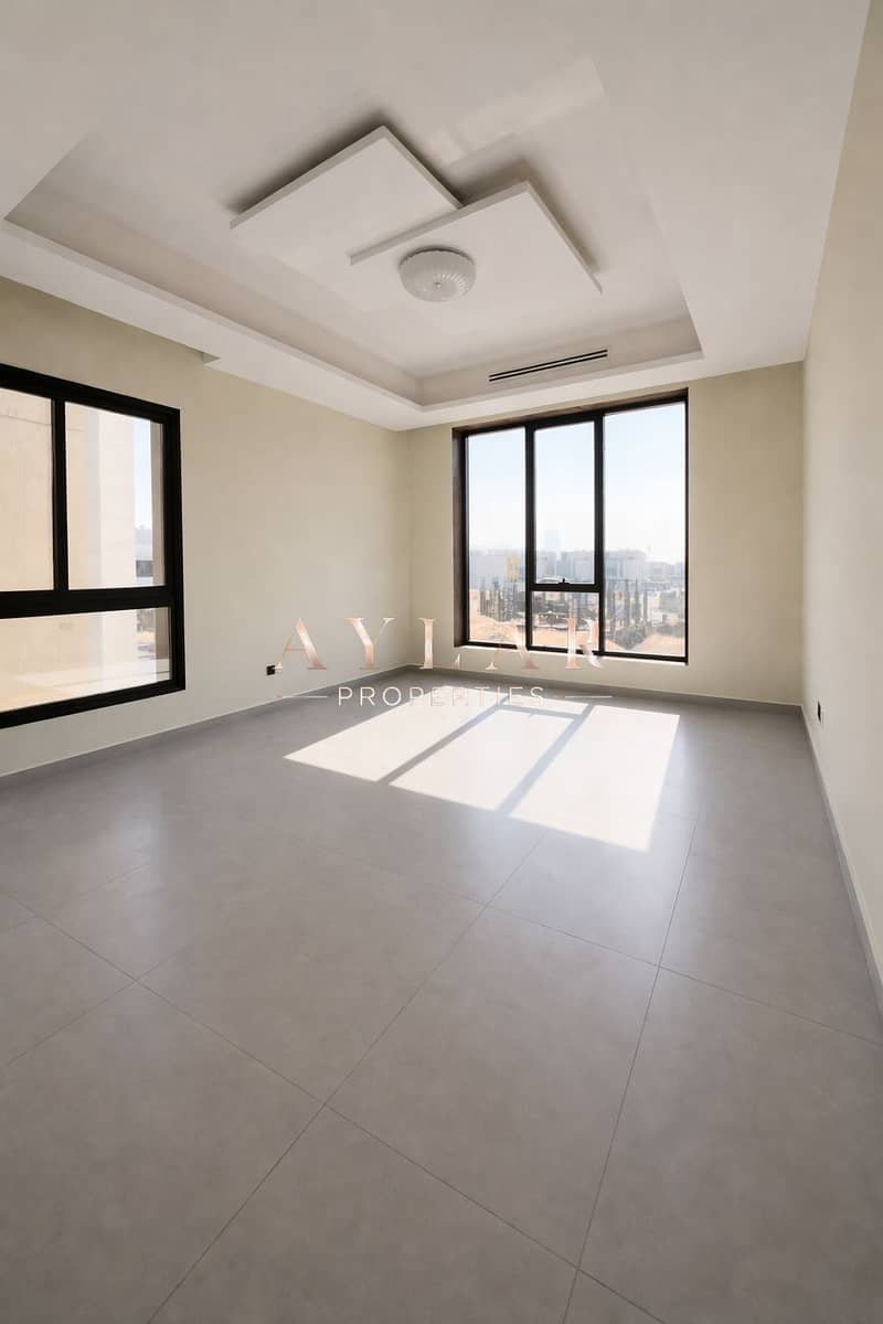 12 Modern bedroom with geometric ceiling design. png