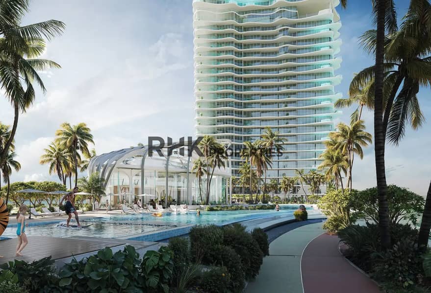 5 luxury residential tower Dubai wave facade design lagoon pool and clubhouse